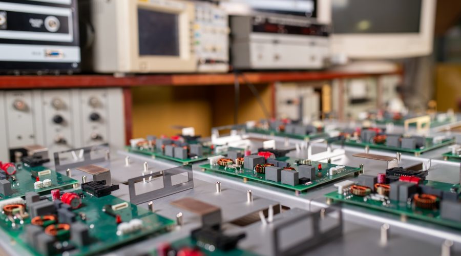 Microcircuits and components lie on metal plates
